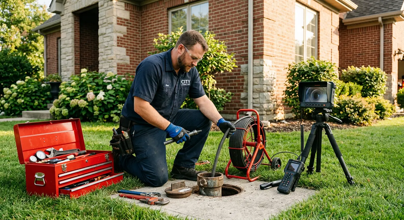 Sewer specialist with camera equipment servicing a cleanout in Washington Court House