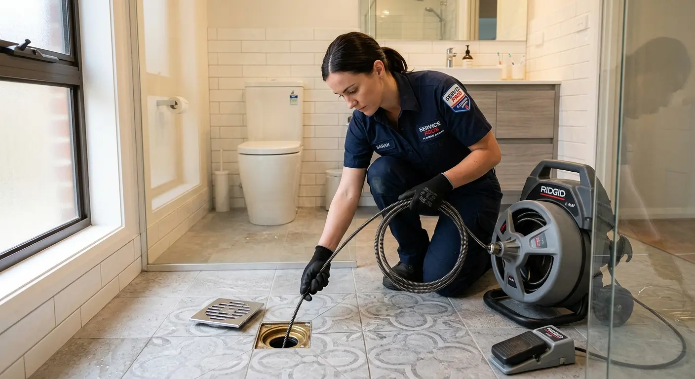 Technician clearing a bathroom floor drain for Sewer Line Installation in Washington Court House